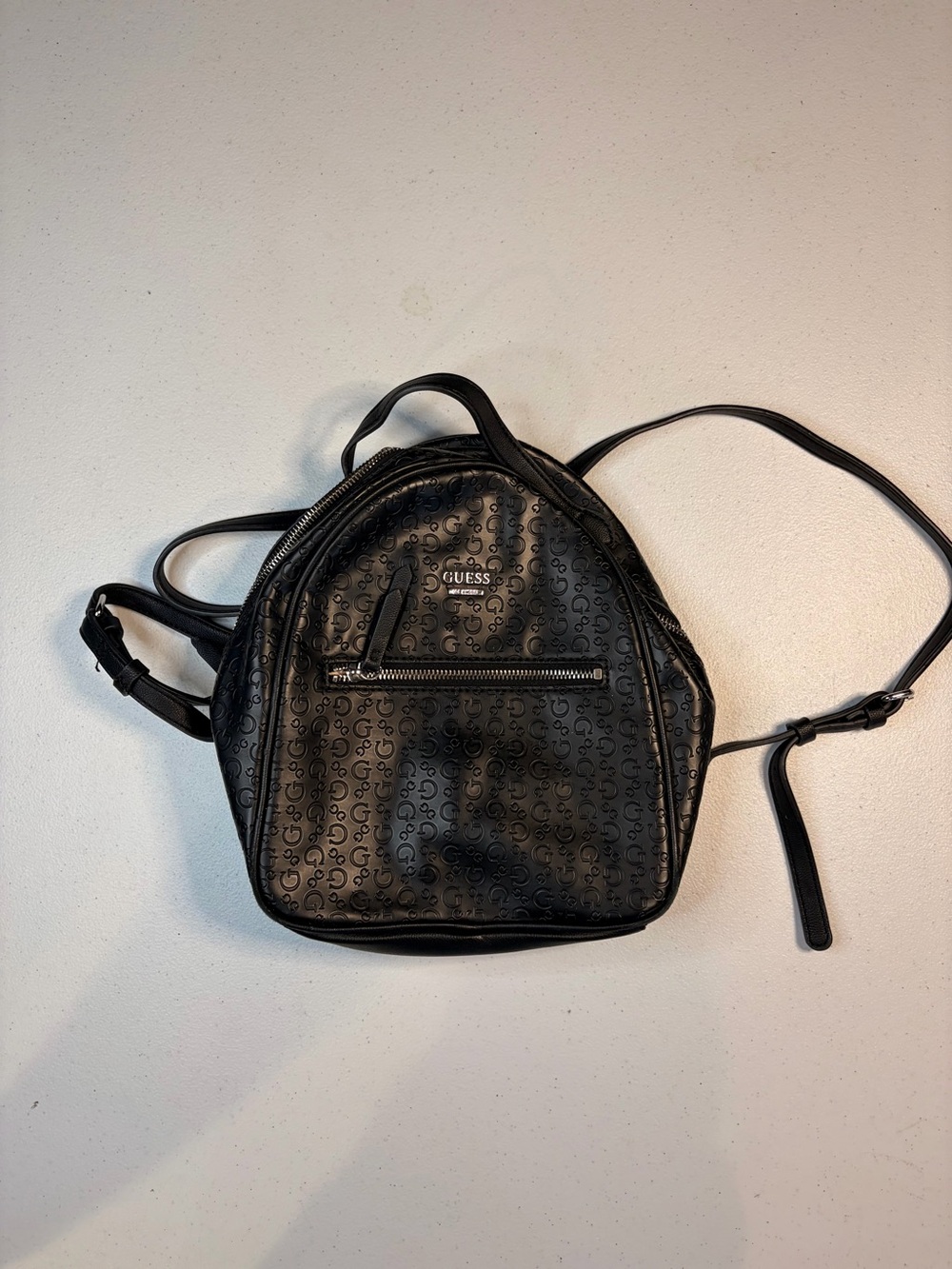 GUESS Black Logo Monogram Mini Backpack Purse Faux Leather Silver Hardware